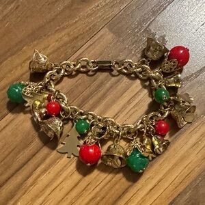 VINTAGE HEAVY Jingles Gold Charm Bracelet with Red and Green Accents